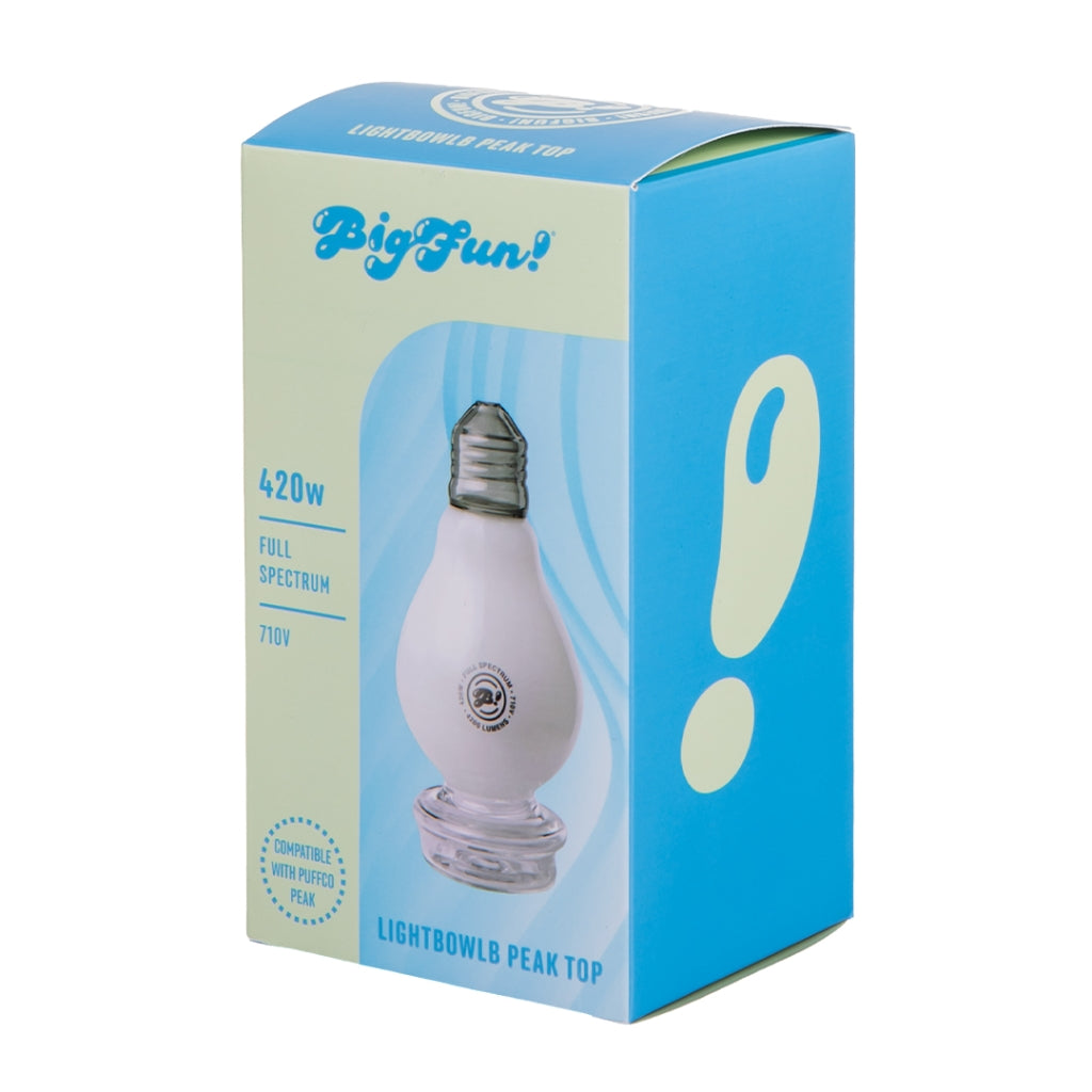 BigFun! Lightbowlb Puffco Peak Top with a frosted white glass body shaped like a vintage light bulb, featuring a base connected percolator.