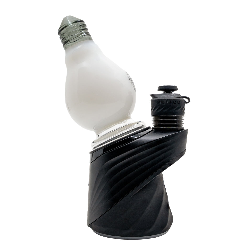 Frosted white glass light bulb-shaped Puffco Peak attachment with a black base and percolator for smooth vapor pulls.