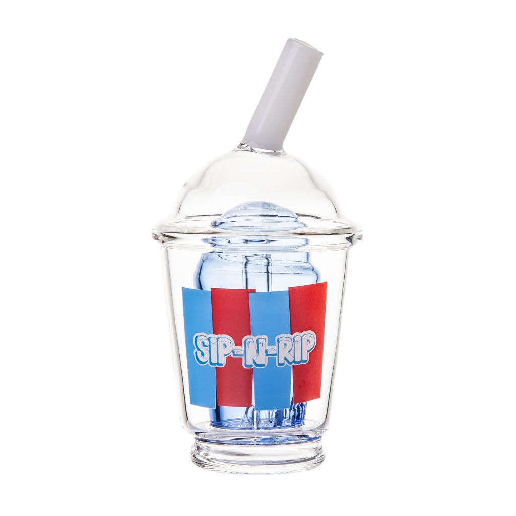 Colorful borosilicate glass Puffco Peak top shaped like a slushie cup, featuring a dome lid and bent straw design.