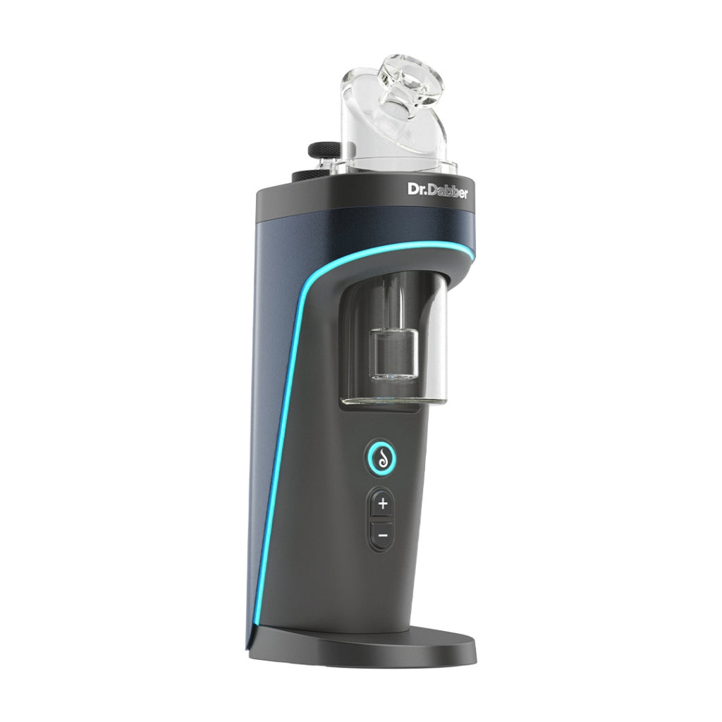 Dr. Dabber Switch² vaporizer in black with blue accents, featuring a glass percolator and an ergonomic design.