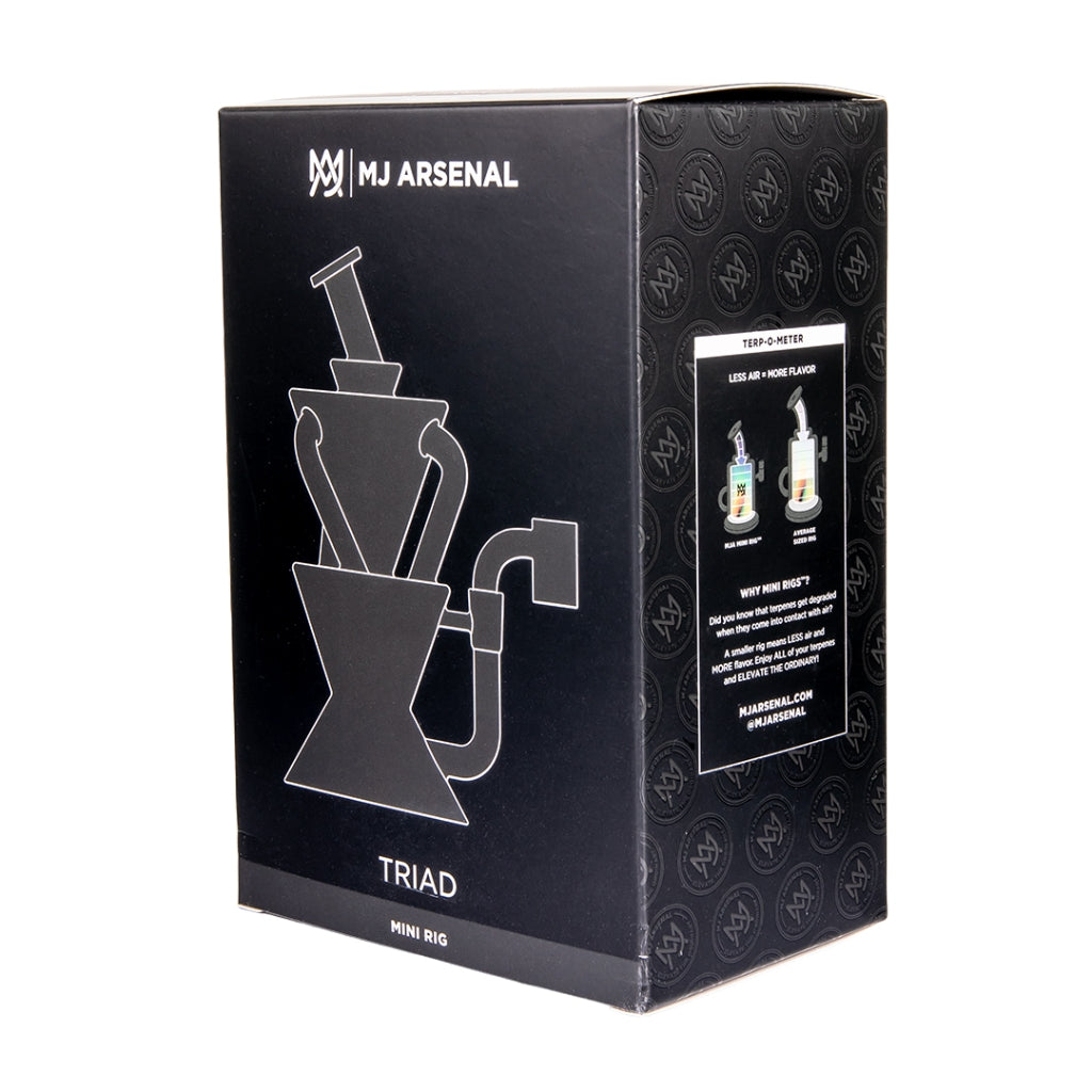 Black box featuring the MJ Arsenal Triad Dab Rig graphic illustration. Front labeled "TRIAD MINI RIG" with geometric design.