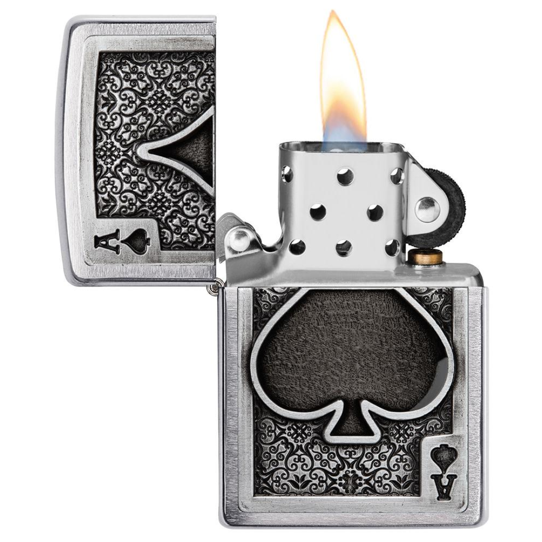 zippo ace of spades emblem brushed chrome windproof butane lighter