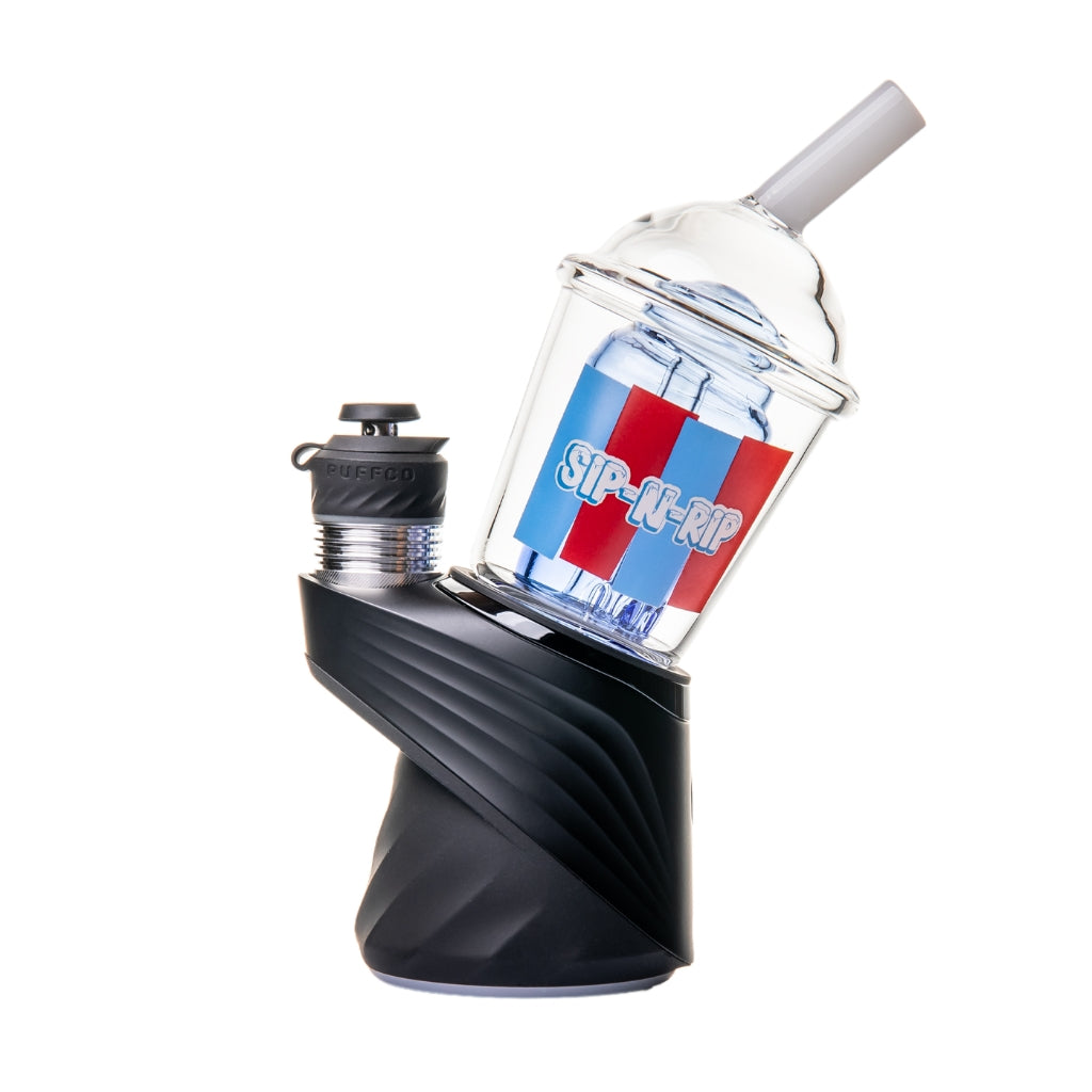BigFun! Sip-N-Rip Puffco Peak Top featuring a colorful slushie cup design, crafted from clear borosilicate glass with a bent straw.