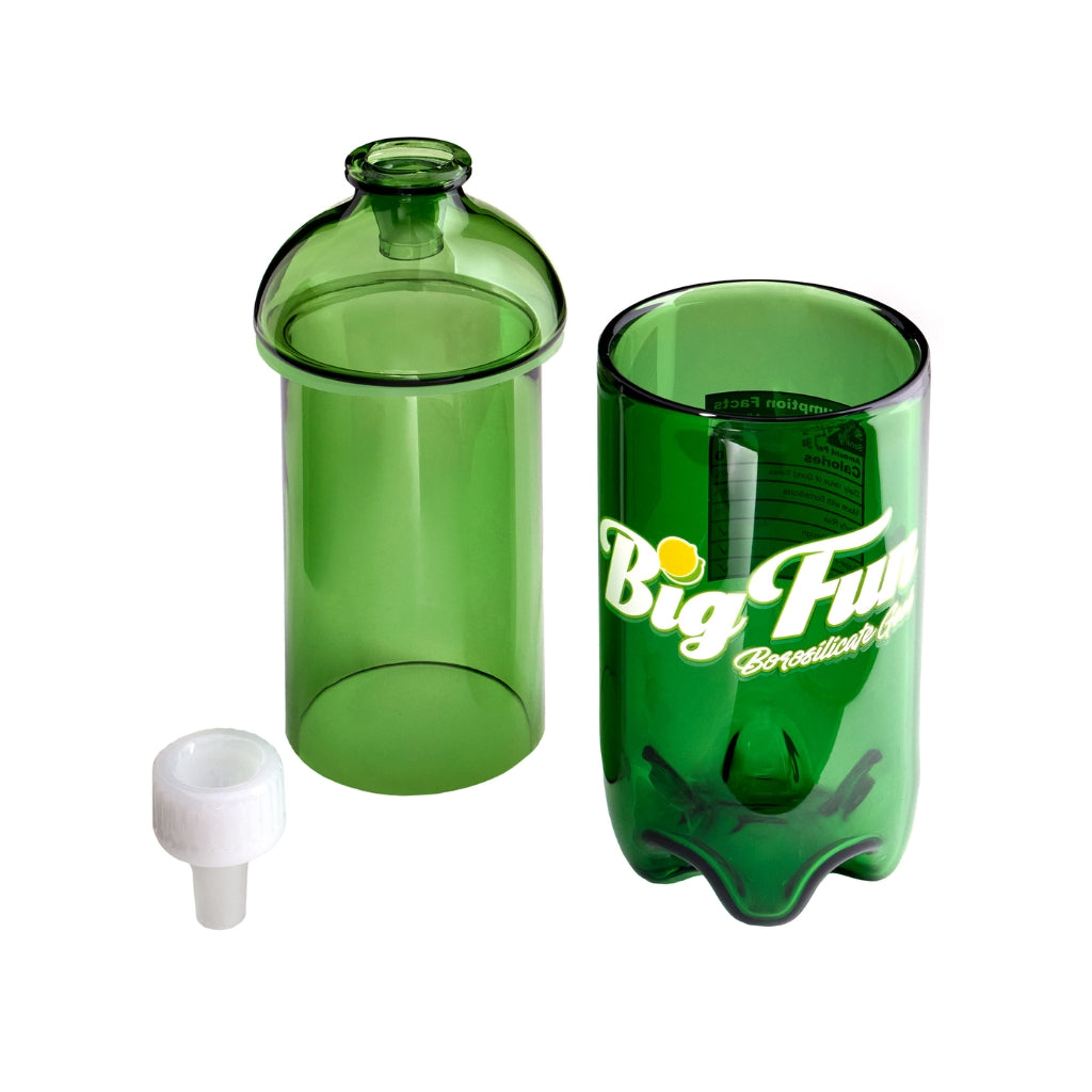 Green glass water pipe resembling a soda bottle, featuring a soda cap slide and "Big Fun" logo, with a separate inner core.