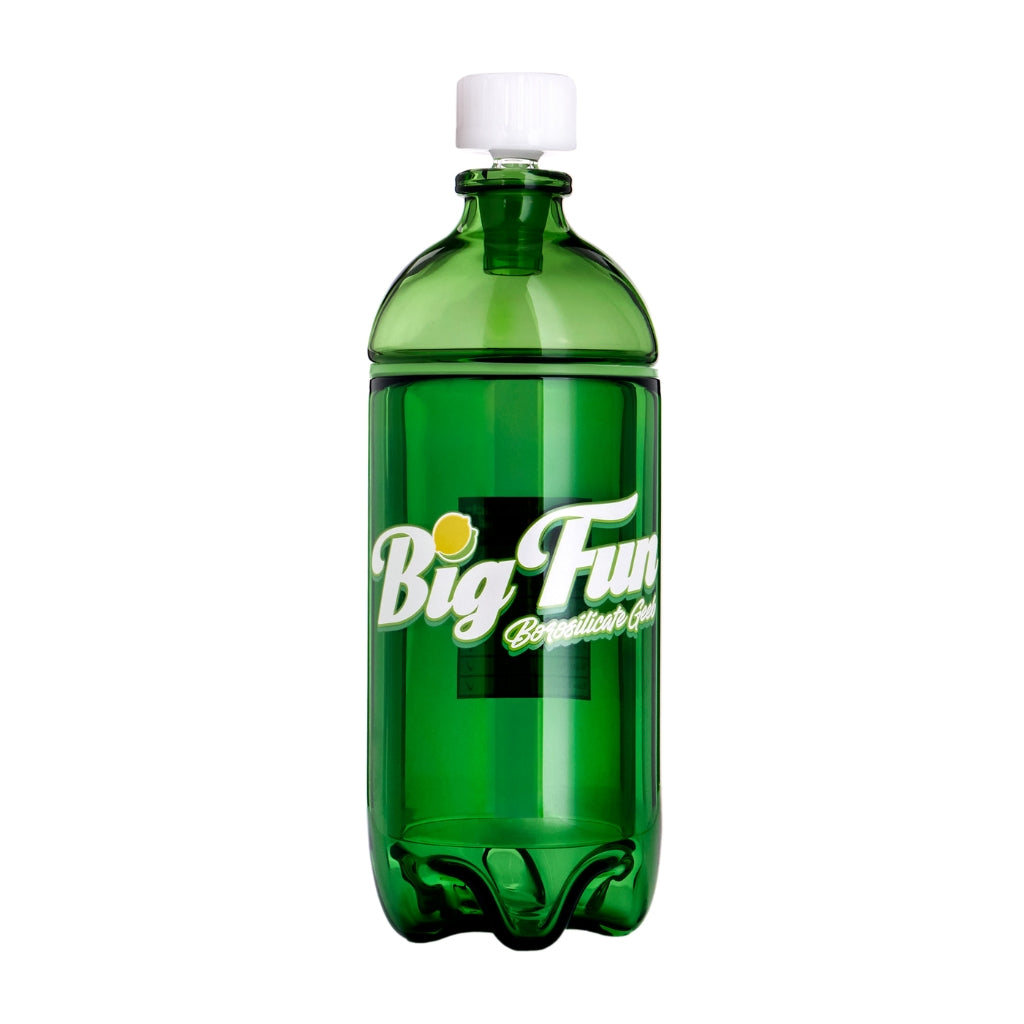 Green glass gravity bong styled as a 1-liter soda bottle, featuring a white cap and "Big Fun" label.