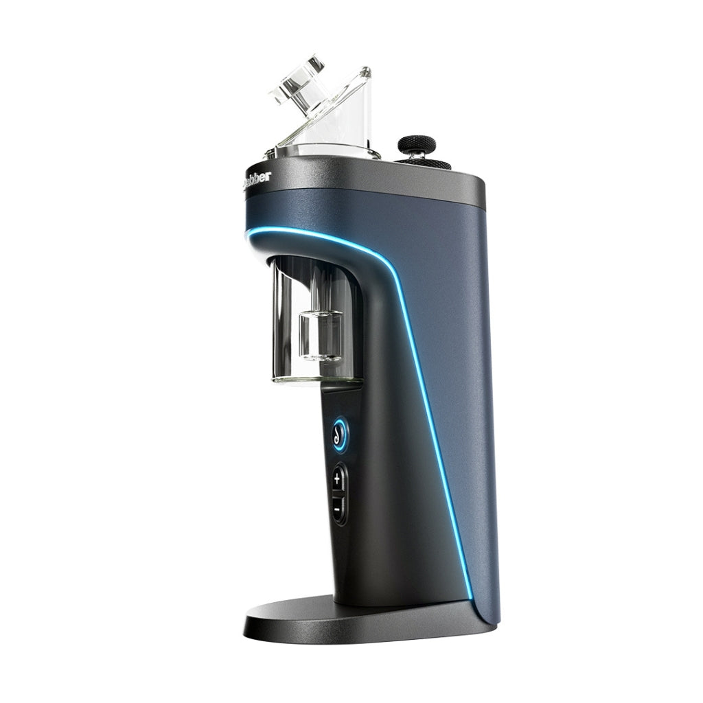 Sleek black Dr. Dabber Switch 2 vaporizer with blue accents and a glass percolator, designed for concentrates.