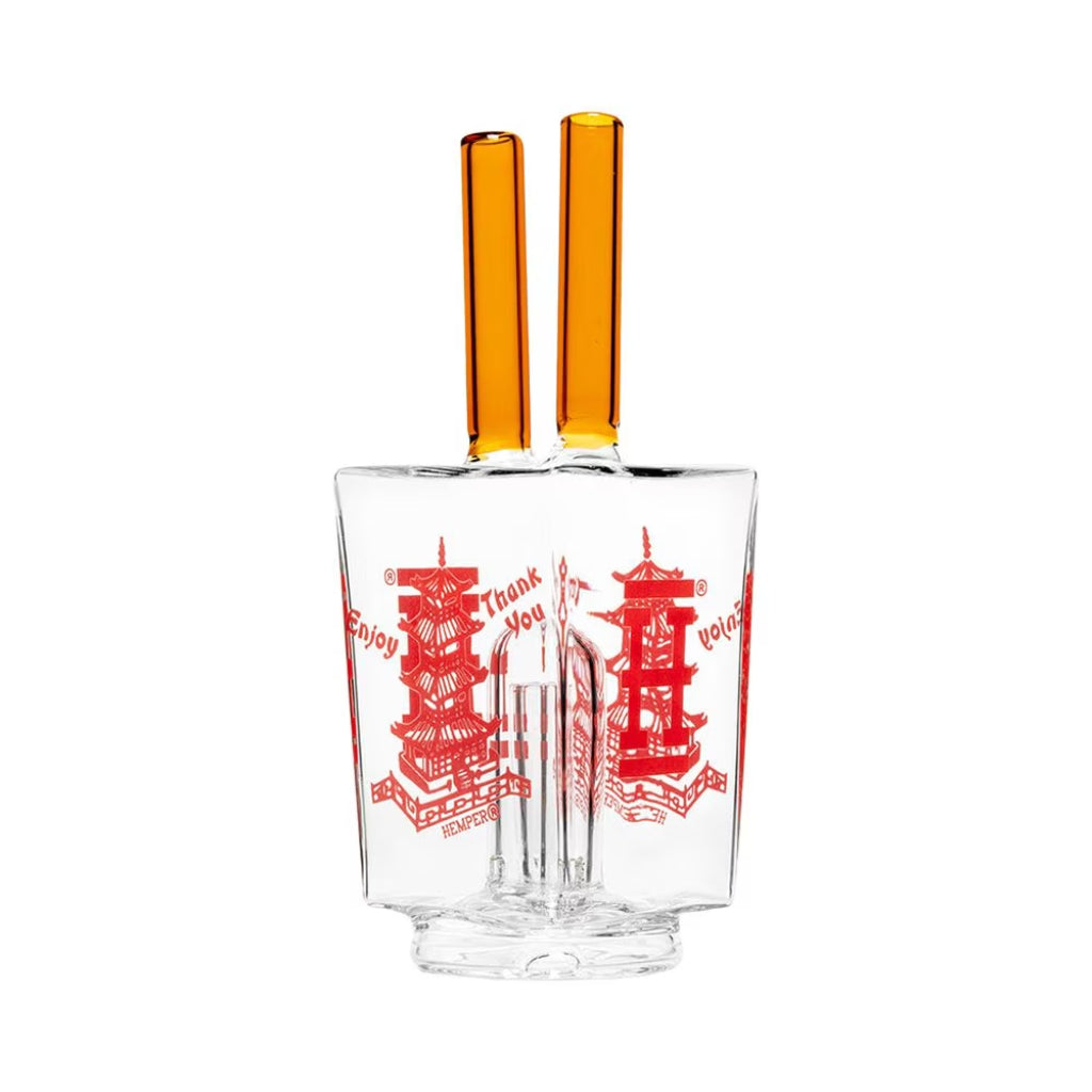 Frosted glass Puffco Peak top designed as a takeout box with bold red decals and amber glass mouthpiece.