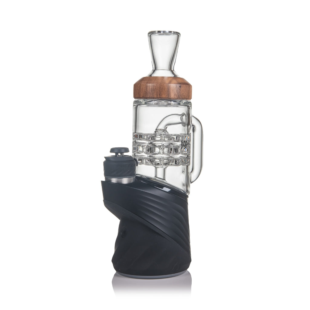 MJ Arsenal Halo Puffco Peak Top featuring clear borosilicate glass, walnut accents, and ergonomic grip for easy handling.