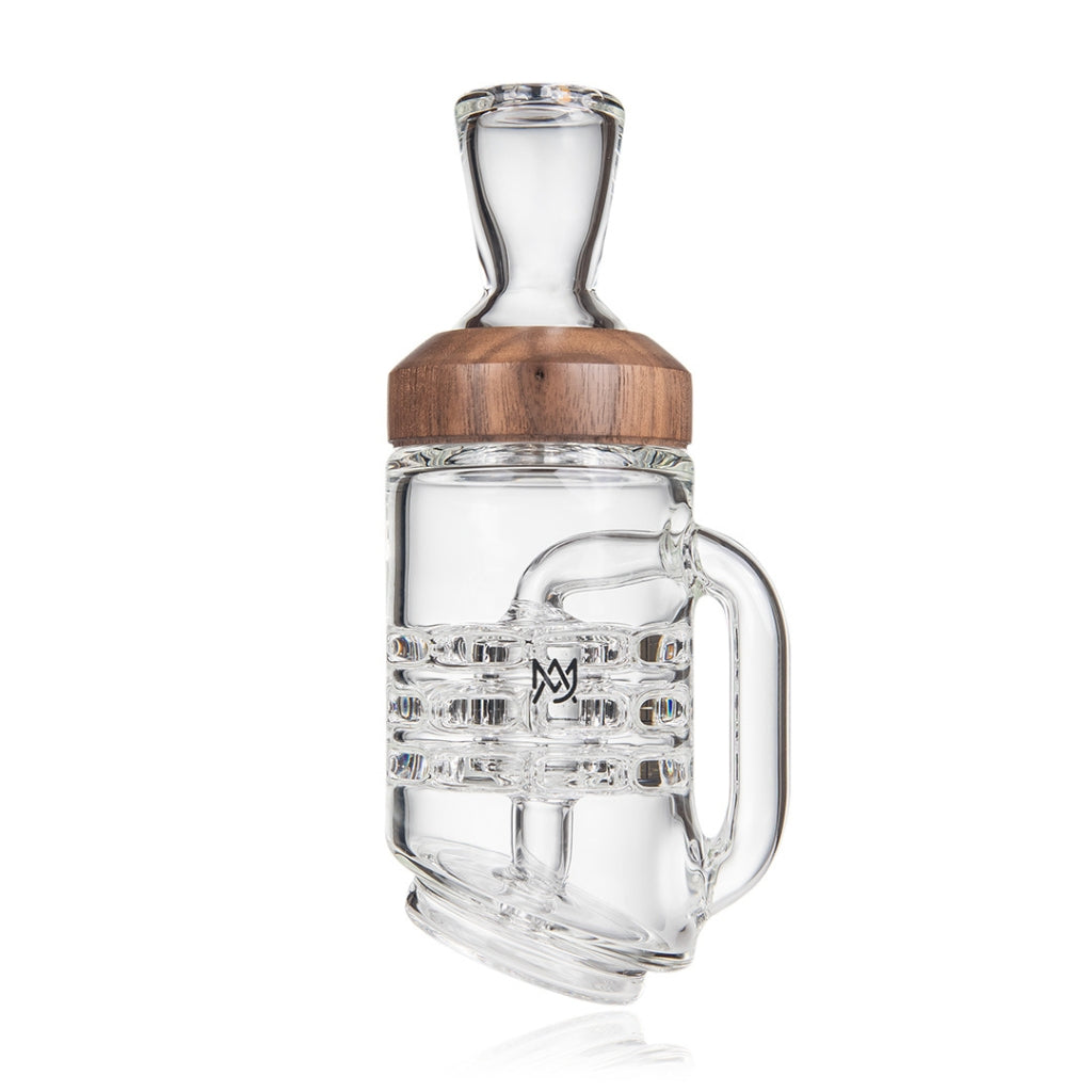 Clear borosilicate glass attachment with milled black walnut accents, featuring a mug-style grip and multi-slit percolation.