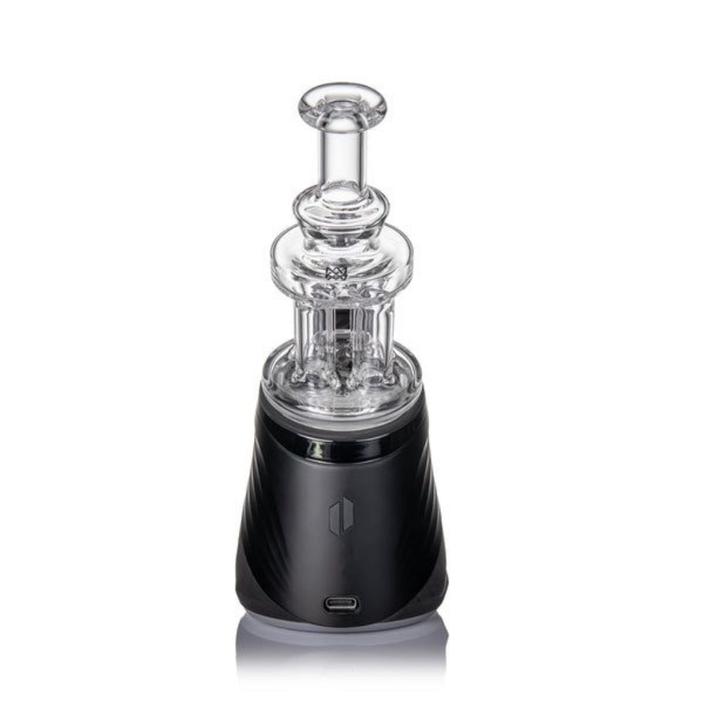 Glass quadra attachment for Puffco Peak, featuring a clear top and black base with a smooth design and four-post structure.