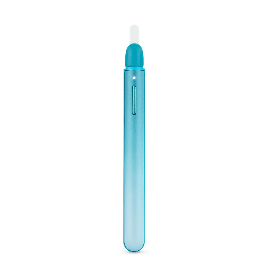 Puffco Hot Knife in Glacier with the cap removed, showing the white ceramic loading tip, teal tip housing, single-button control, and LED indicator on a gradient aqua body