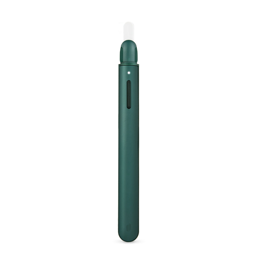 Puffco Hot Knife in dark green with a white ceramic tip, featuring a button and battery indicator.