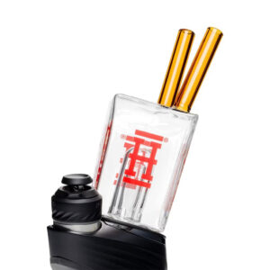 Frosted glass Puffco attachment shaped like a Chinese takeout box featuring amber "chopstick" mouthpiece and bold red decals.