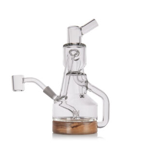 MJ Arsenal Apex Mini Dab Rig front view with double uptake recycler and walnut base