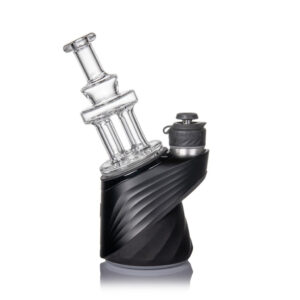 MJ Arsenal Quadra Puffco Peak Top featuring a clear borosilicate glass top with a black silicone base and a sleek four-post design.