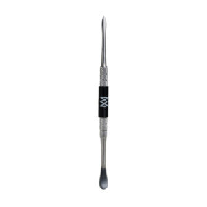 A double-ended metal dab tool with a textured silver handle a black grip band featuring a white stylized logo and a pointed tip on one end and a flat scraping or pushing tip on the other shown against a plain white background.