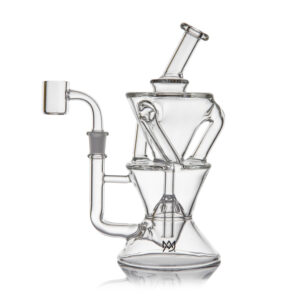 MJ Arsenal Triad Dab Rig featuring a geometric triangular design in clear borosilicate glass designed for smooth airflow and filtration.